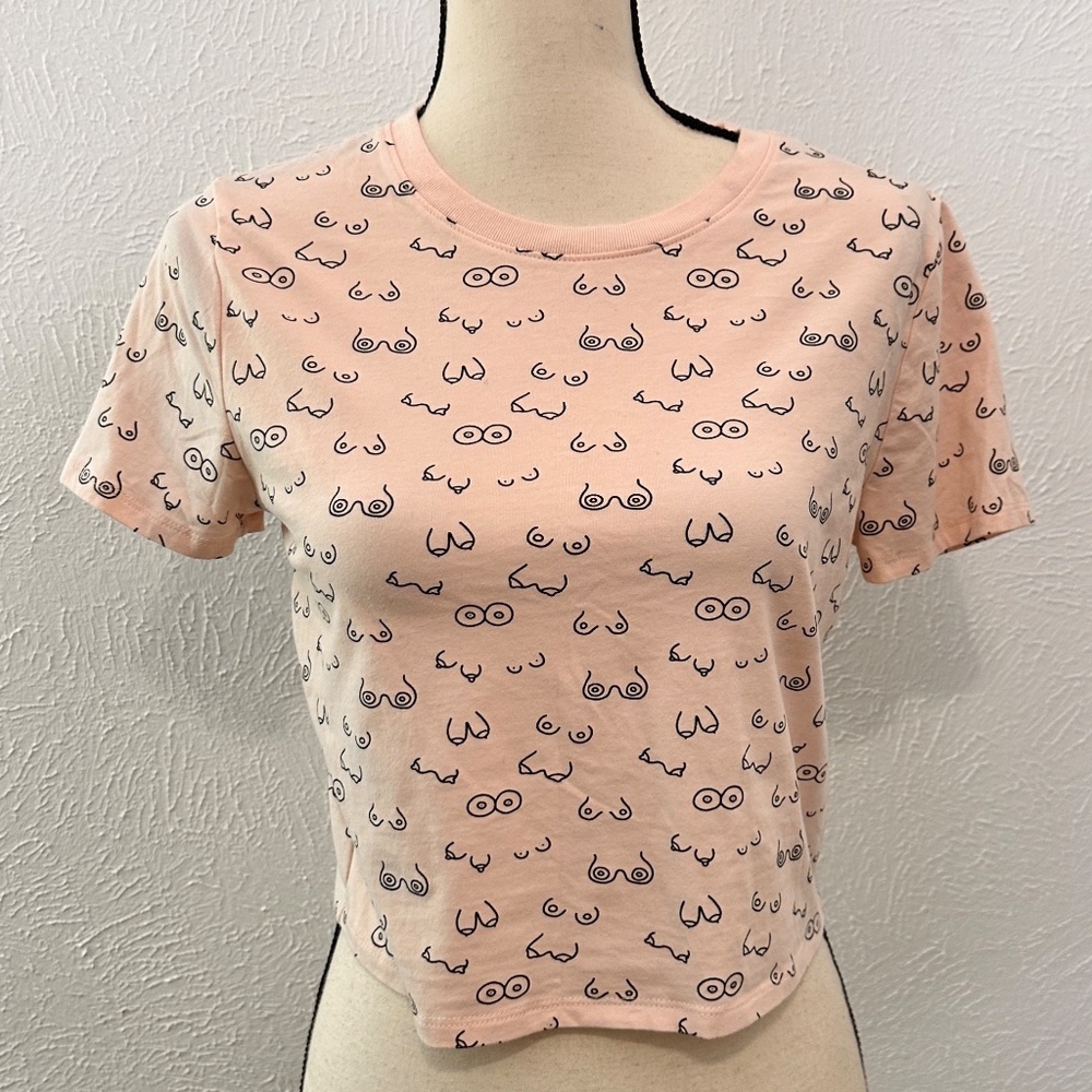 Forever 21 All Over Boob / Breast Art Crop Cotton T-Shirt, Med